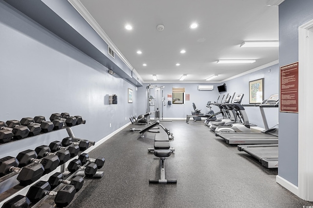 9400 Shore Dr Unit 509, Myrtle Beach, SC 29572 - gym with crown molding, recessed lighting, baseboards, and a wall mounted air conditioner