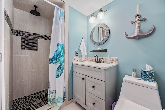 9400 Shore Dr Unit 509, Myrtle Beach, SC 29572 - bathroom with a tile shower, backsplash, vanity, and toilet
