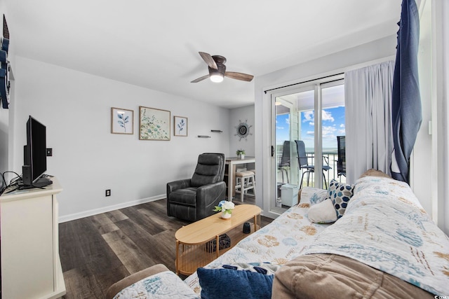 9400 Shore Dr Unit 509, Myrtle Beach, SC 29572 - bedroom featuring access to outside, dark wood-style floors, baseboards, a water view, and a ceiling fan