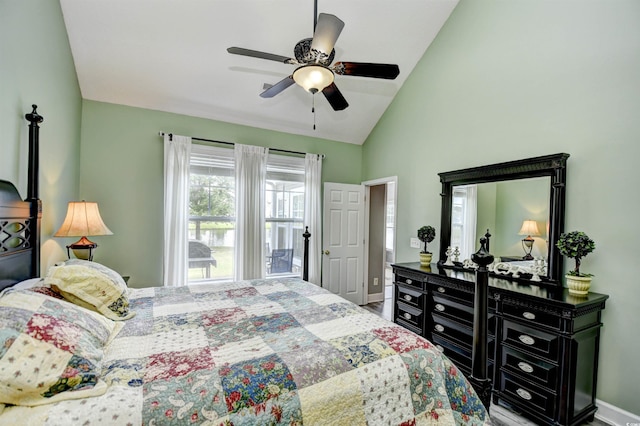 6172 Catalina Dr Unit 515, North Myrtle Beach, SC 29582 - bedroom featuring ceiling fan, wood finished floors, and high vaulted ceiling