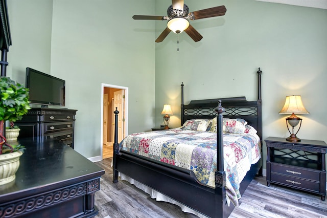 6172 Catalina Dr Unit 515, North Myrtle Beach, SC 29582 - bedroom featuring wood finished floors, high vaulted ceiling, and ceiling fan