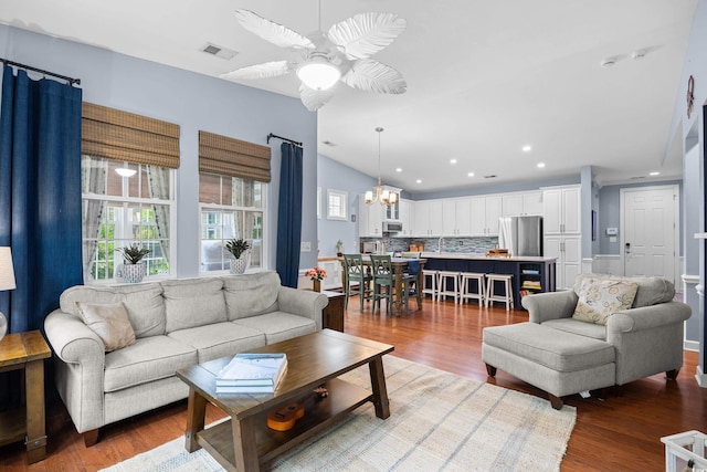 1444 Thames Ct, Myrtle Beach, SC 29577 - living room featuring a ceiling fan, wood finished floors, a chandelier, and recessed lighting
