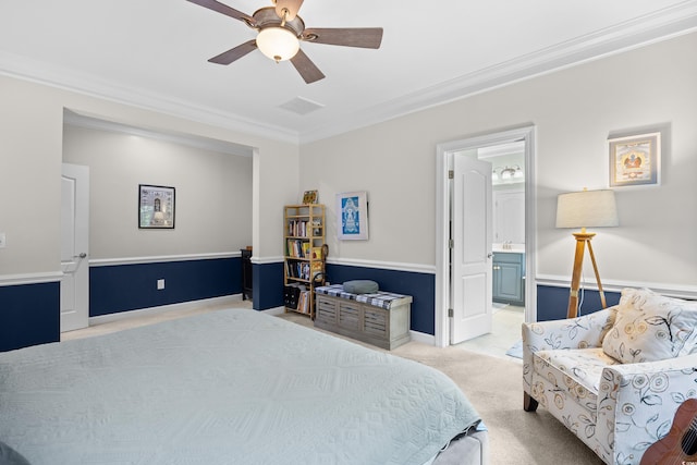 1444 Thames Ct, Myrtle Beach, SC 29577 - bedroom featuring light colored carpet, crown molding, ceiling fan, and ensuite bathroom