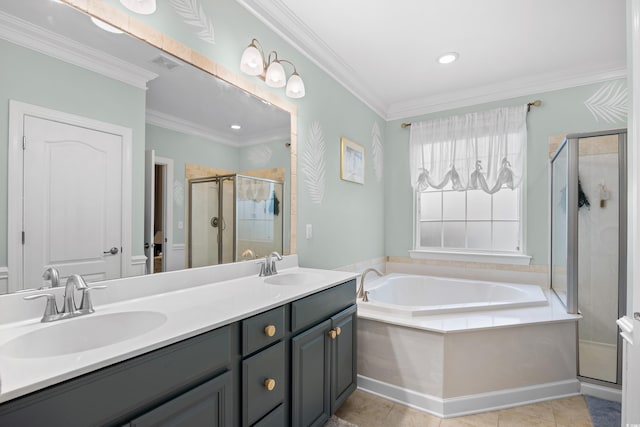1444 Thames Ct, Myrtle Beach, SC 29577 - full bath featuring a shower stall, a garden tub, double vanity, crown molding, and tile patterned flooring