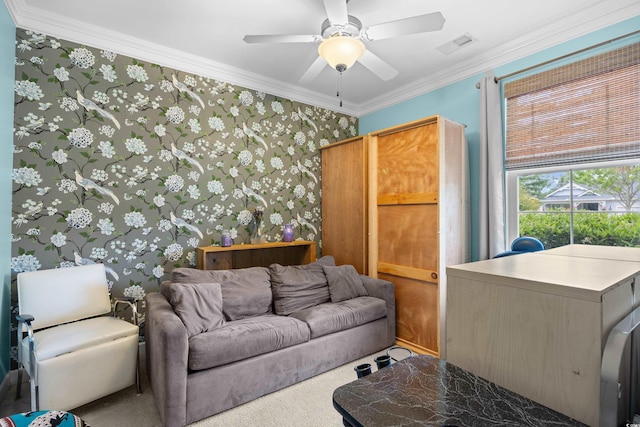 1444 Thames Ct, Myrtle Beach, SC 29577 - living area featuring wallpapered walls, ornamental molding, a ceiling fan, and carpet
