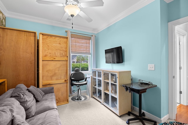 1444 Thames Ct, Myrtle Beach, SC 29577 - living area featuring crown molding, a ceiling fan, and baseboards