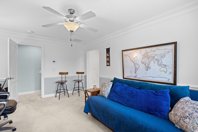 1444 Thames Ct, Myrtle Beach, SC 29577 - living area featuring crown molding, carpet floors, a ceiling fan, and baseboards