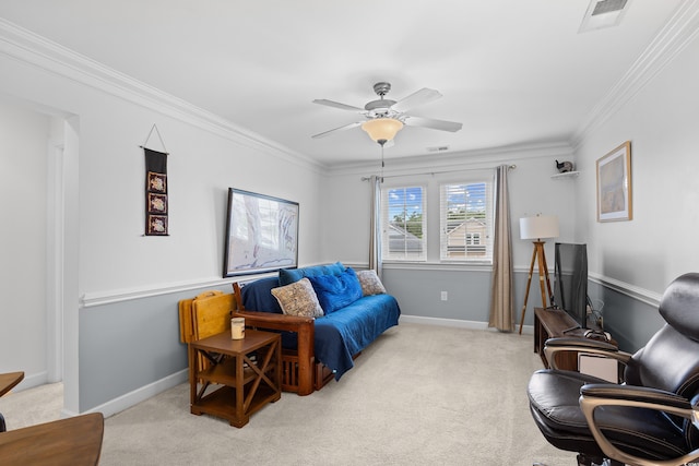 1444 Thames Ct, Myrtle Beach, SC 29577 - living area featuring light colored carpet, crown molding, ceiling fan, and baseboards