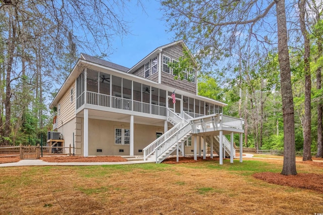 1533 Murrells Landing Rd, Conway, SC 29526 - back of house featuring a sunroom, a ceiling fan, stairway, and crawl space