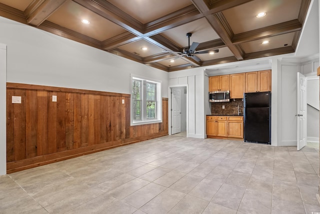 1533 Murrells Landing Rd, Conway, SC 29526 - kitchen with freestanding refrigerator, stainless steel microwave, ceiling fan, dark countertops, and decorative backsplash