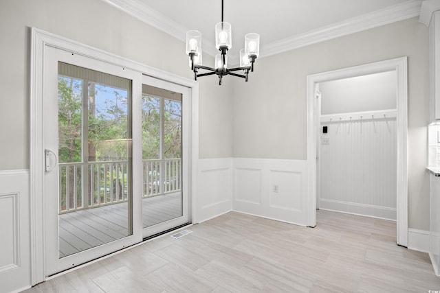 1533 Murrells Landing Rd, Conway, SC 29526 - unfurnished dining area with ornamental molding, a chandelier, and wainscoting