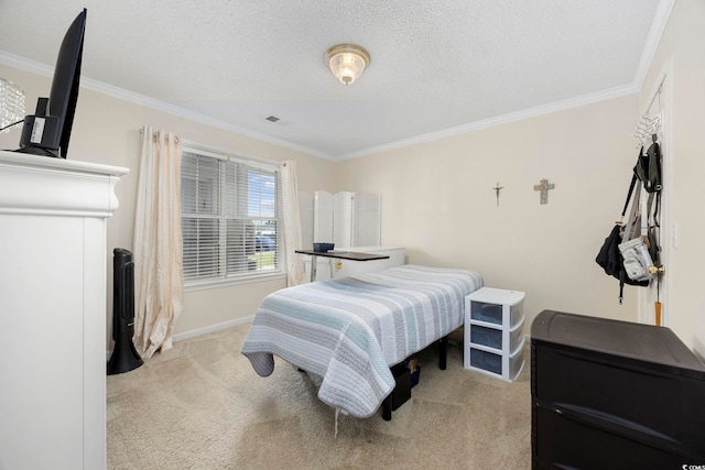 bedroom featuring crown molding, carpet flooring, baseboards, and a textured ceiling
