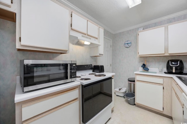 kitchen with white range with electric stovetop, stainless steel microwave, under cabinet range hood, ornamental molding, and light countertops