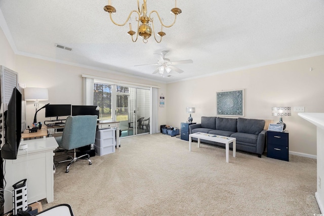 carpeted office space featuring crown molding, a textured ceiling, ceiling fan, and a chandelier