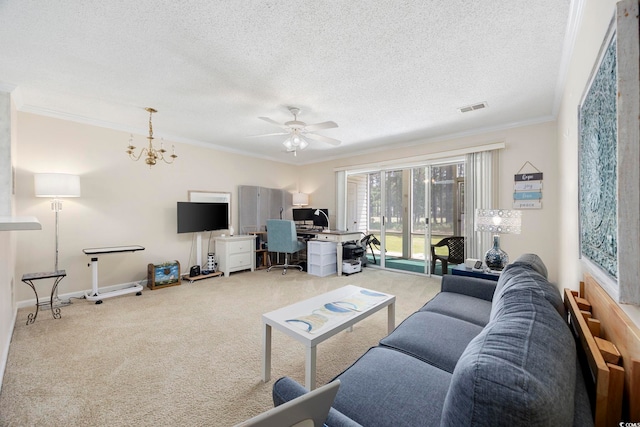 living area featuring an office area, carpet floors, ornamental molding, a ceiling fan, and a textured ceiling