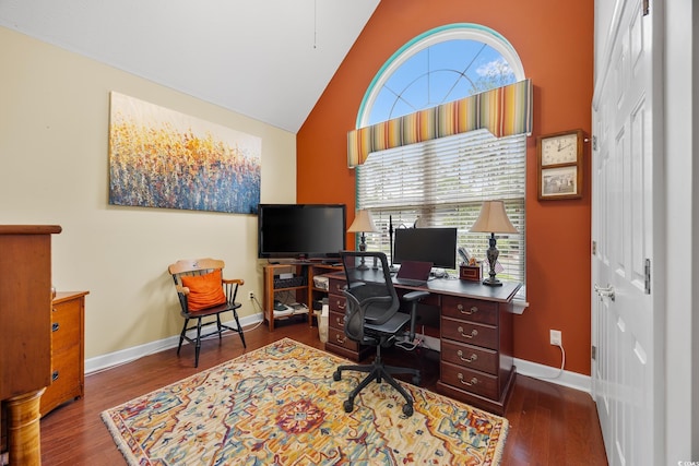 4803 Bucks Bluff Dr, North Myrtle Beach, SC 29582 - home office featuring baseboards, high vaulted ceiling, wood finished floors, and healthy amount of natural light