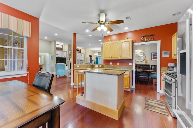 4803 Bucks Bluff Dr, North Myrtle Beach, SC 29582 - kitchen with double oven range, light brown cabinets, a ceiling fan, dark wood finished floors, and light stone countertops