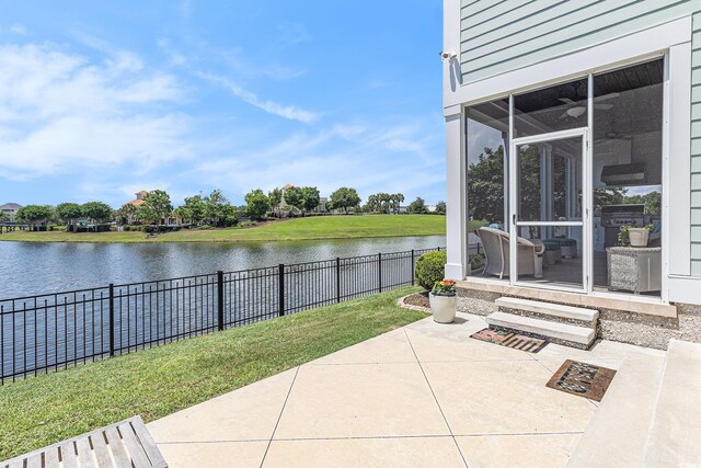 5032 Middleton View Dr, Myrtle Beach, SC 29579 - view of patio / terrace featuring a fenced backyard, a sunroom, and a water view