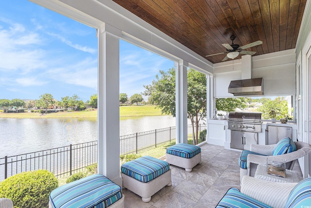 5032 Middleton View Dr, Myrtle Beach, SC 29579 - sunroom with area for grilling, ceiling fan, a water view, and wooden ceiling
