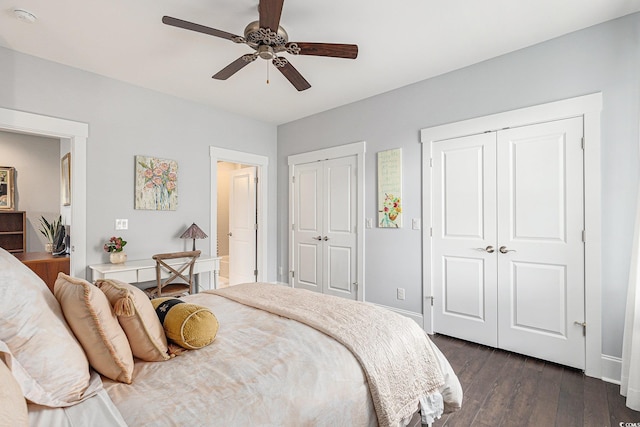 5032 Middleton View Dr, Myrtle Beach, SC 29579 - bedroom with multiple closets, dark wood finished floors, ceiling fan, and baseboards