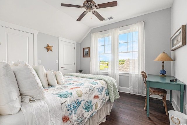 5032 Middleton View Dr, Myrtle Beach, SC 29579 - bedroom featuring vaulted ceiling, dark wood finished floors, baseboards, and ceiling fan