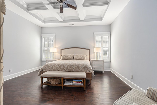 5032 Middleton View Dr, Myrtle Beach, SC 29579 - bedroom featuring multiple windows, coffered ceiling, beam ceiling, dark wood-style floors, and baseboards