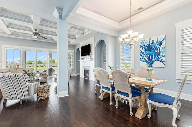 5032 Middleton View Dr, Myrtle Beach, SC 29579 - dining space featuring baseboards, a ceiling fan, a chandelier, a lit fireplace, and beamed ceiling