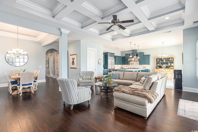 5032 Middleton View Dr, Myrtle Beach, SC 29579 - living area with a chandelier, arched walkways, baseboards, a ceiling fan, and beamed ceiling