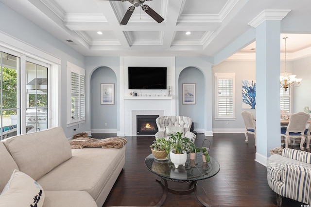 5032 Middleton View Dr, Myrtle Beach, SC 29579 - living room featuring ceiling fan, a fireplace, a chandelier, beam ceiling, and baseboards