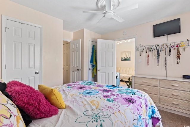 bedroom featuring carpet, a ceiling fan, and a closet