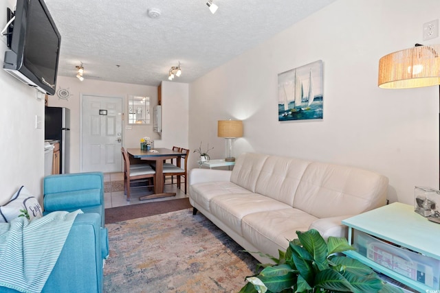 living room with a textured ceiling