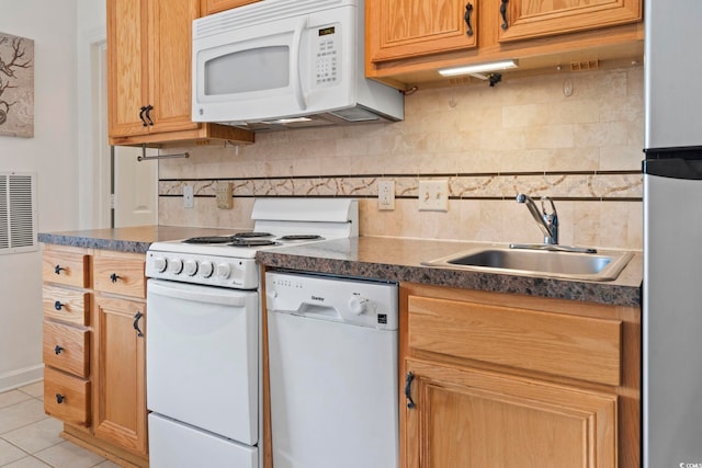 kitchen with white appliances, a sink, backsplash, and dark countertops
