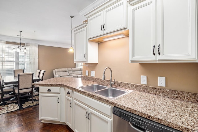189 Ella Kinley Cir Unit 201, Myrtle Beach, SC 29588 - kitchen featuring appliances with stainless steel finishes, a peninsula, crown molding, white cabinetry, and dark wood-style flooring
