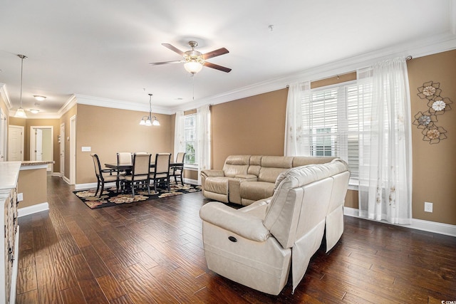 189 Ella Kinley Cir Unit 201, Myrtle Beach, SC 29588 - living area featuring a ceiling fan, ornamental molding, baseboards, dark wood-type flooring, and a chandelier