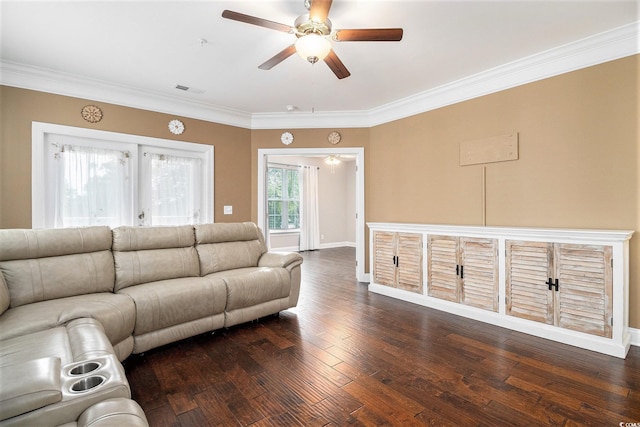 189 Ella Kinley Cir Unit 201, Myrtle Beach, SC 29588 - living area featuring a ceiling fan, dark wood-style flooring, ornamental molding, and baseboards