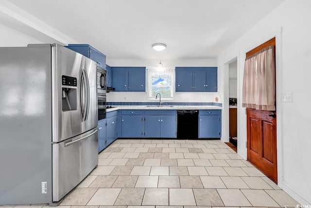 3001 Wiley Dr, North Myrtle Beach, SC 29582 - kitchen featuring stainless steel refrigerator with ice dispenser, black dishwasher, blue cabinets, a sink, and built in microwave