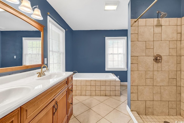 3001 Wiley Dr, North Myrtle Beach, SC 29582 - bathroom with tile patterned flooring, a tile shower, double vanity, and a garden tub