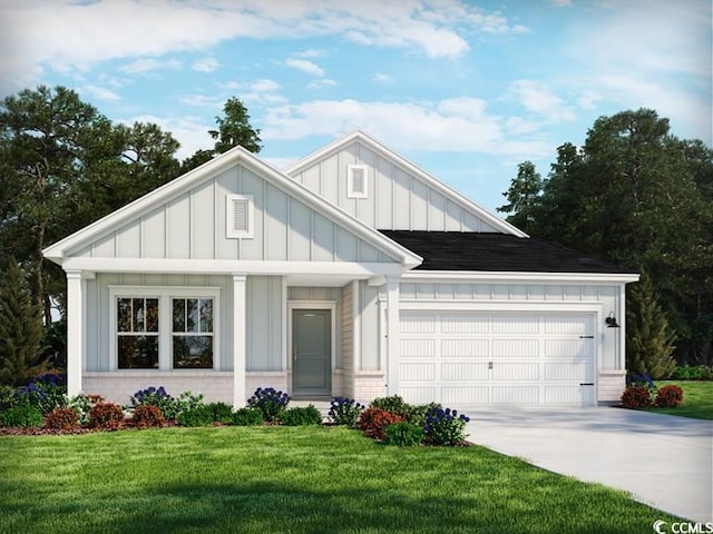 4849 Hopespring St, Myrtle Beach, SC 29579 - view of front facade with board and batten siding, an attached garage, driveway, brick siding, and a front lawn