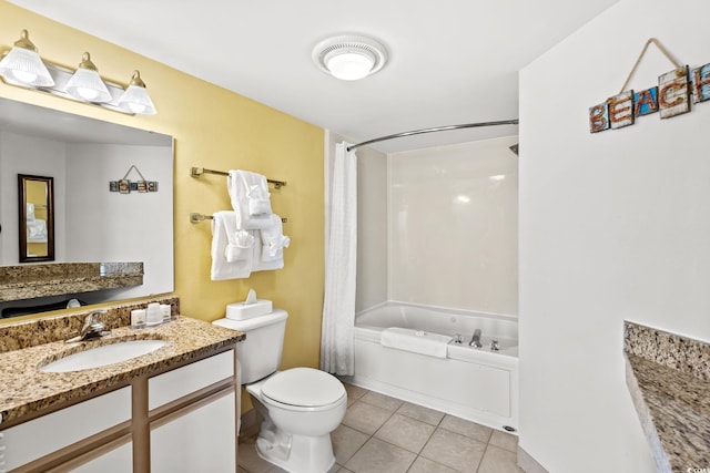 full bath with tile patterned flooring, shower / bath combination with curtain, toilet, and vanity