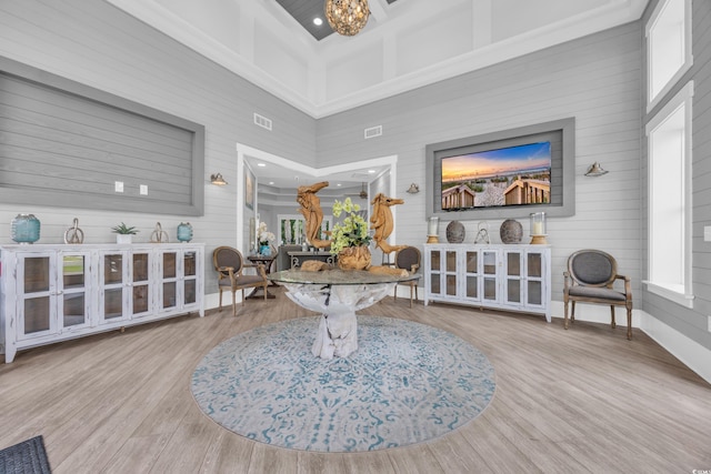 1961 Indigo Cove Ln, Calabash, NC 28467 - sitting room featuring wood finished floors, coffered ceiling, beam ceiling, baseboards, and wood walls
