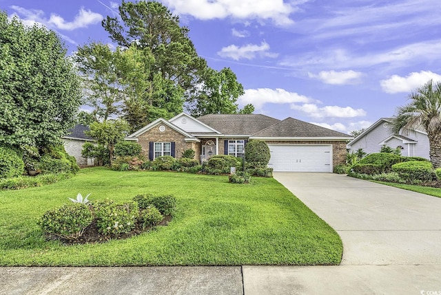 ranch-style home featuring driveway, a front lawn, an attached garage, and brick siding