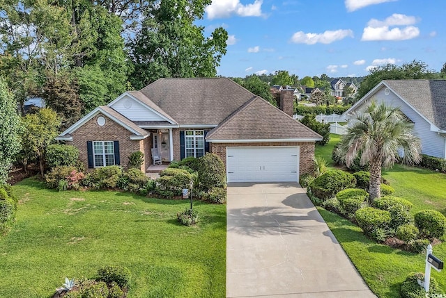 view of front of house featuring brick siding, driveway, an attached garage, a front lawn, and a chimney