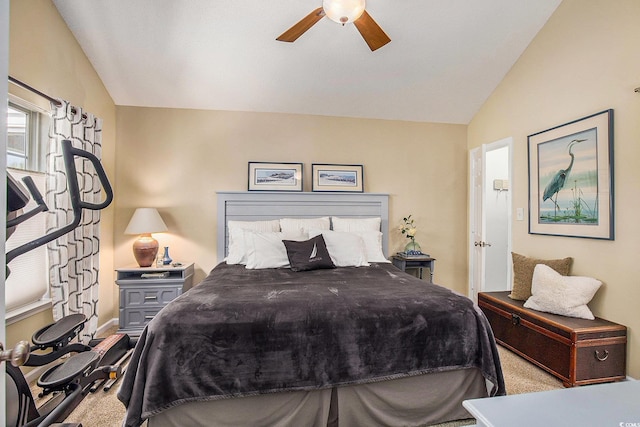bedroom featuring carpet, lofted ceiling, ceiling fan, and baseboards