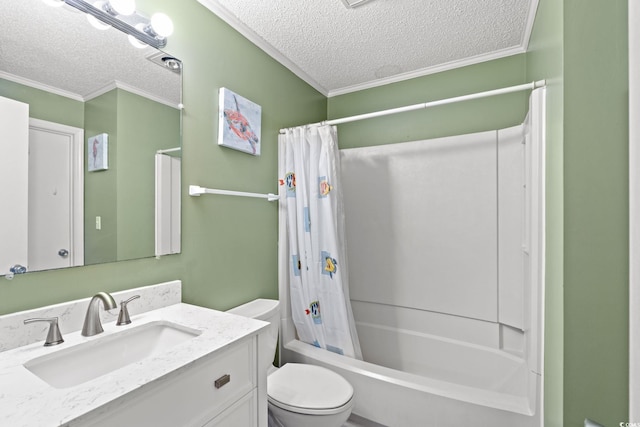 1310 N Waccamaw Dr Unit 204, Garden City Beach, SC 29576 - full bathroom with a textured ceiling, ornamental molding, vanity, shower / bath combo, and toilet