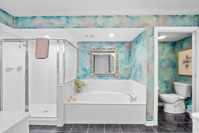 3805 S Ocean Blvd # 503, North Myrtle Beach, SC 29582 - bathroom with toilet, a bath, a shower stall, wallpapered walls, and tile patterned flooring