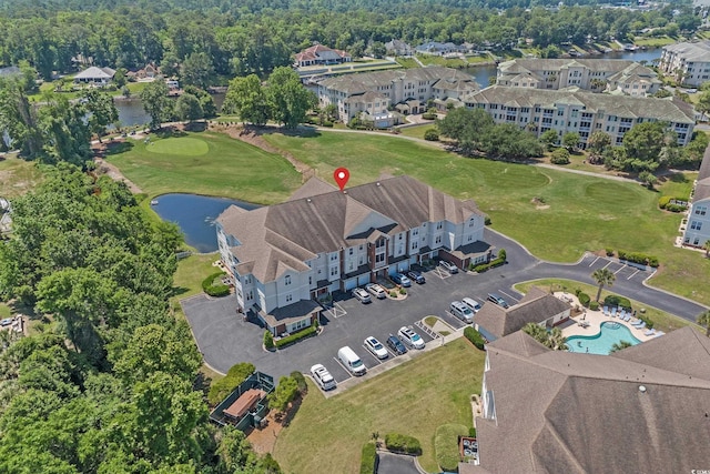 2241 Waterview Dr Unit 537, North Myrtle Beach, SC 29582 - aerial view of property and surrounding area featuring a nearby body of water, a golf course, and a pool area