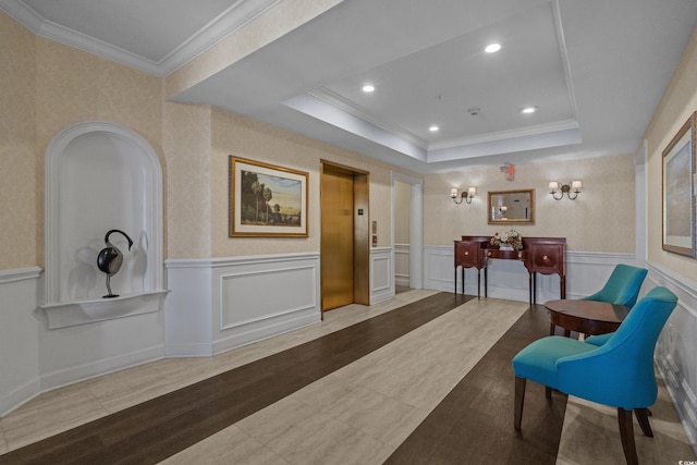 2241 Waterview Dr Unit 537, North Myrtle Beach, SC 29582 - sitting room featuring elevator, crown molding, wood finished floors, wainscoting, and recessed lighting