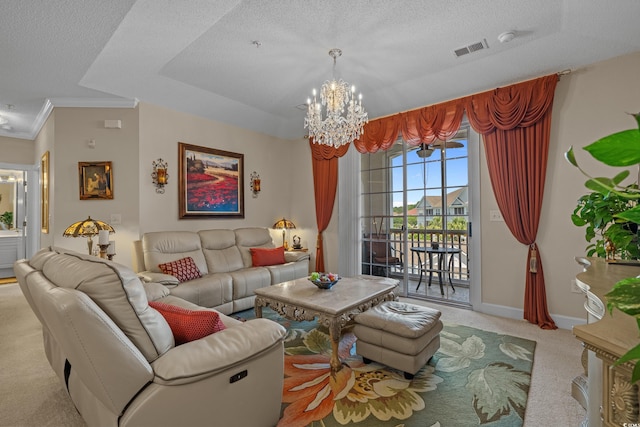 2241 Waterview Dr Unit 537, North Myrtle Beach, SC 29582 - living area featuring carpet flooring, a chandelier, a textured ceiling, baseboards, and ornamental molding