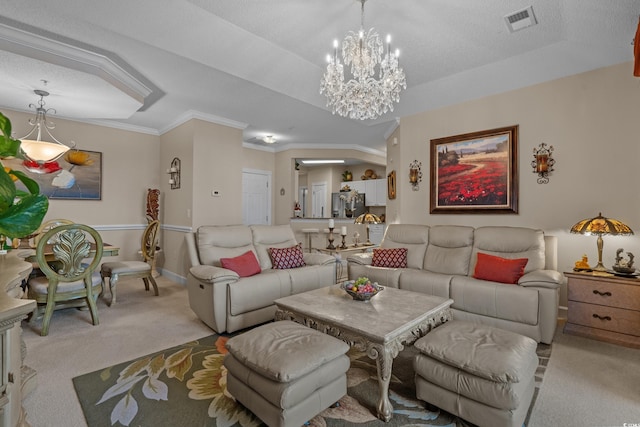 2241 Waterview Dr Unit 537, North Myrtle Beach, SC 29582 - living area featuring light colored carpet, a chandelier, ornamental molding, and baseboards