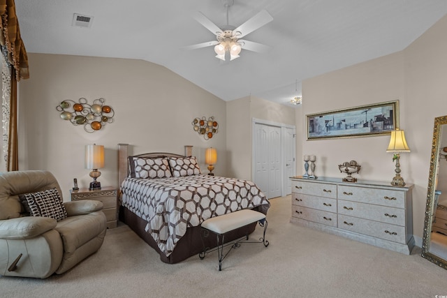 2241 Waterview Dr Unit 537, North Myrtle Beach, SC 29582 - bedroom featuring vaulted ceiling, a closet, carpet flooring, and ceiling fan